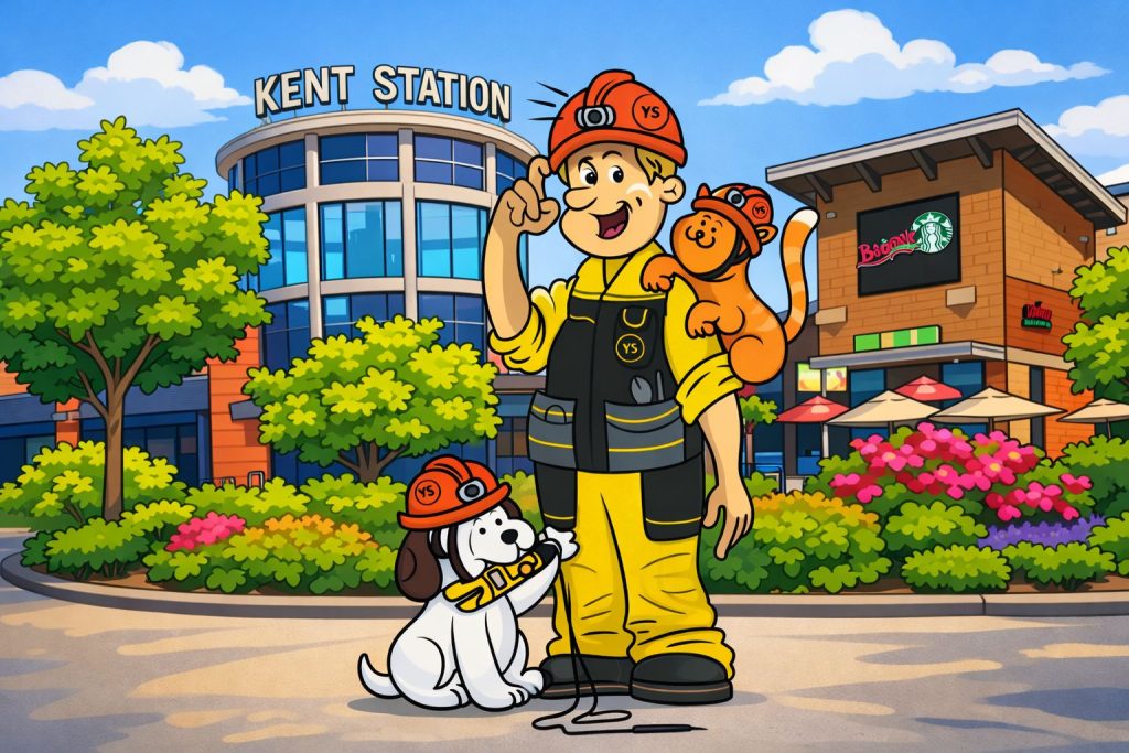 YSG Construct electrician mascot with dog and cat at Kent Station in Kent WA