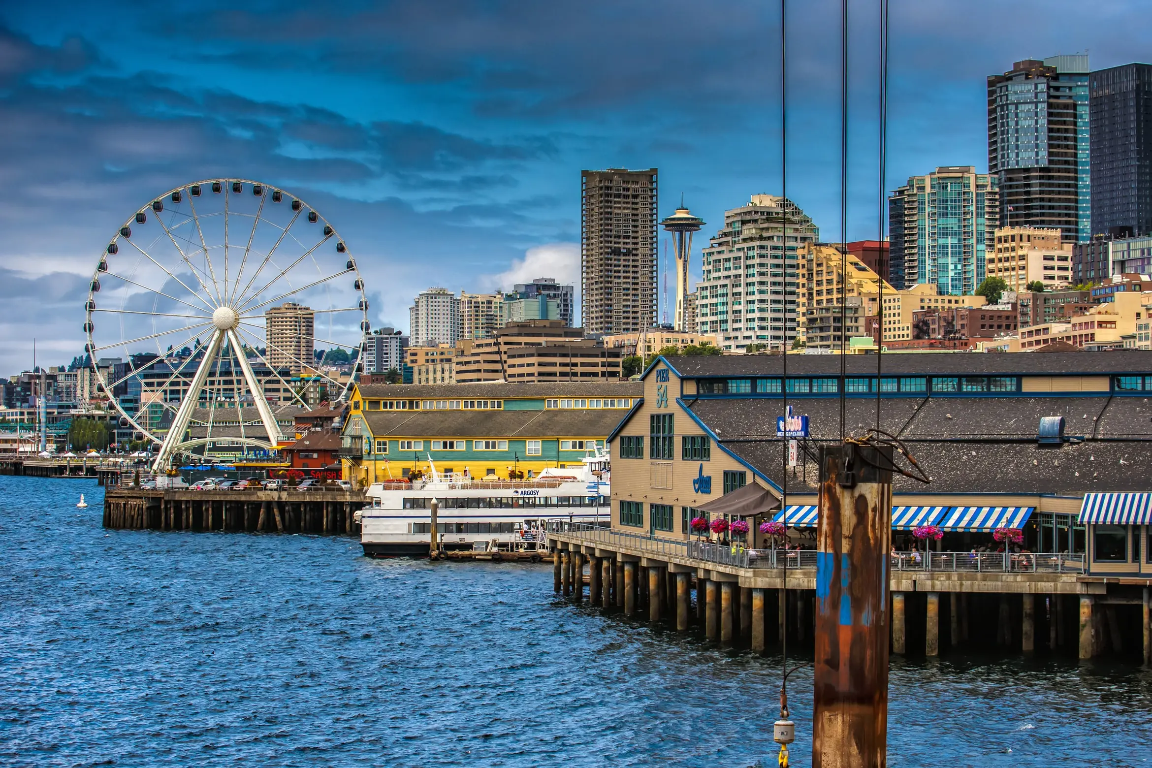 Seattle, WA, waterfront with Ferris wheel and pier.