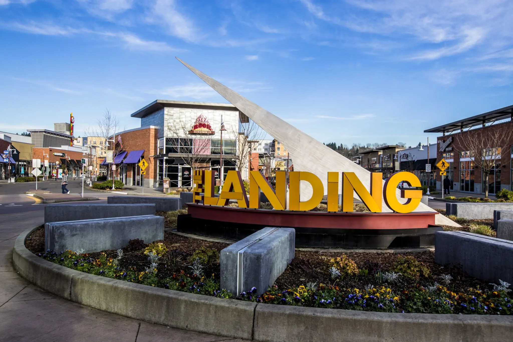 Large 'The Landing' sign in a shopping plaza in Renton, WA.