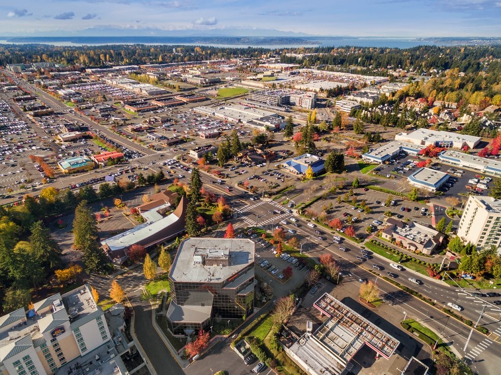Commercial area with autumn trees in Federal Way, WA.
