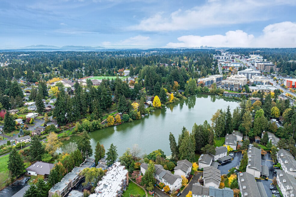 Shoreline WA residential area by a lake with a city skyline view.