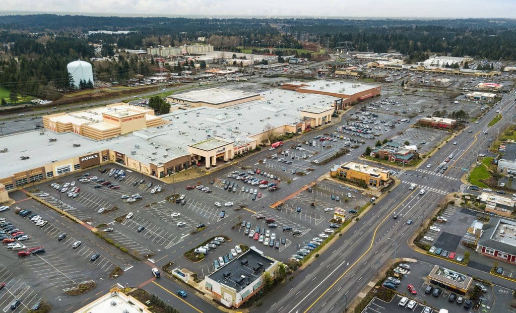 Aerial view of a large shopping center in Federal Way, WA.