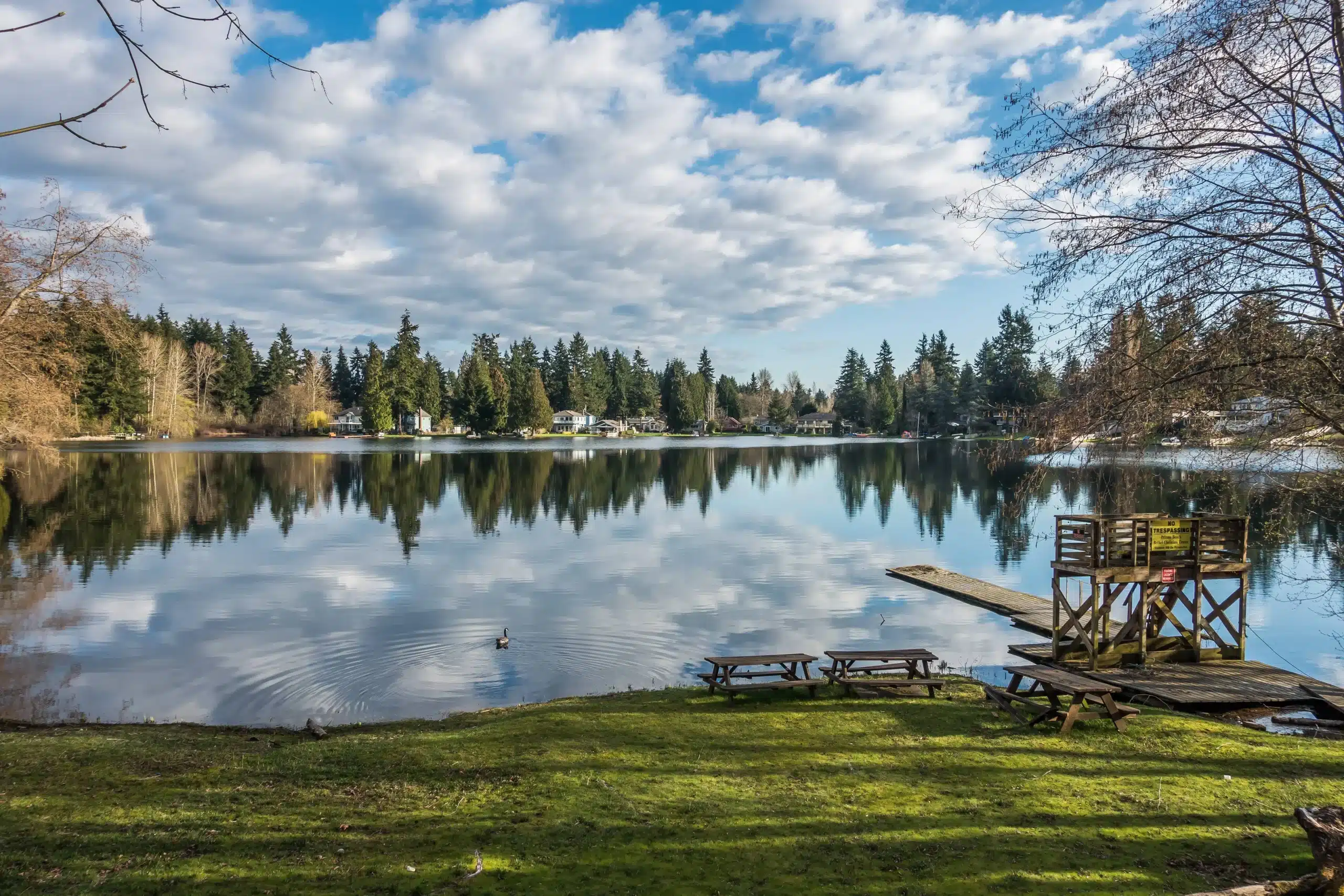 Scenic lake with picnic tables in Federal Way, WA, on a clear day.