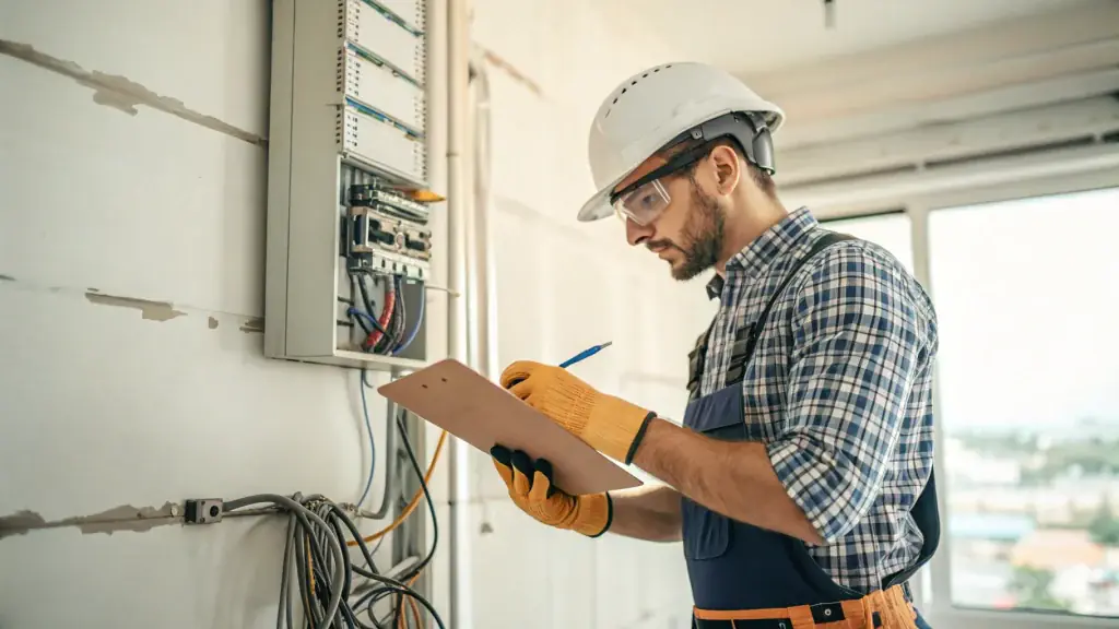 An electrician inspecting an electrical panel in Bellevue, ensuring Seattle home electrical system earthquake preparedness.
