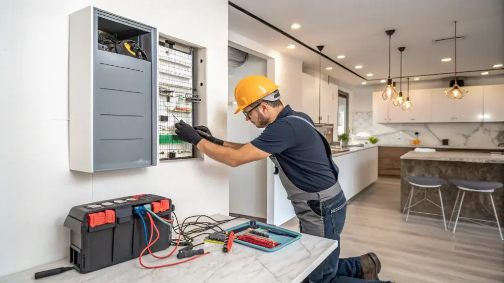 An electrician installing surge protection and backup power, enhancing Seattle home electrical system earthquake preparedness.