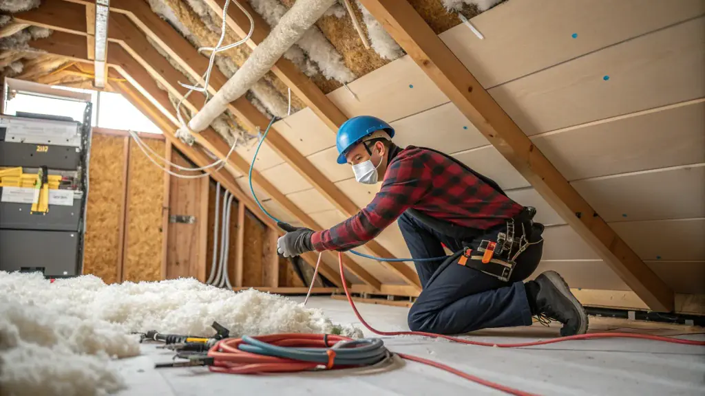 An electrician working in the attic, replacing electrical wiring, demonstrating the process of Bellevue WA electrical rewiring in an older home.