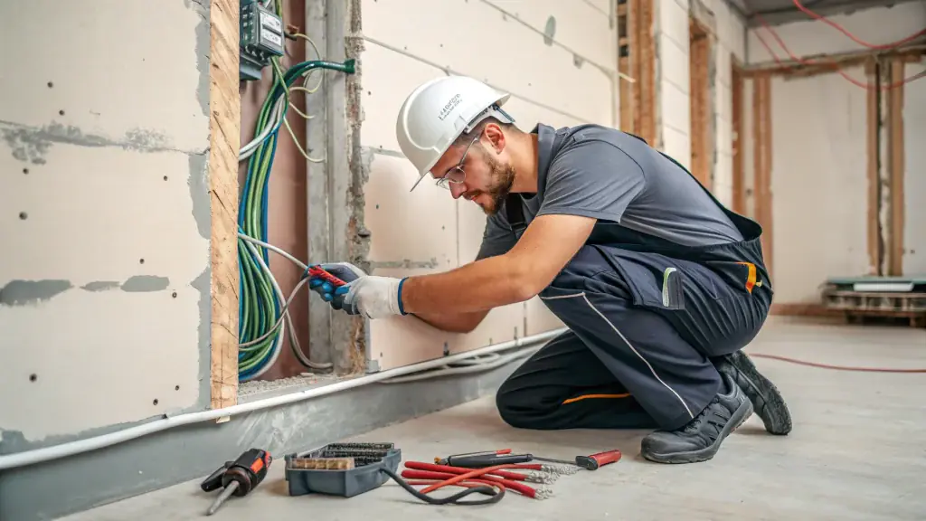 An electrician working on replacing electrical wiring in a residential home, focusing on safety and precision, as part of Bellevue WA electrical rewiring.