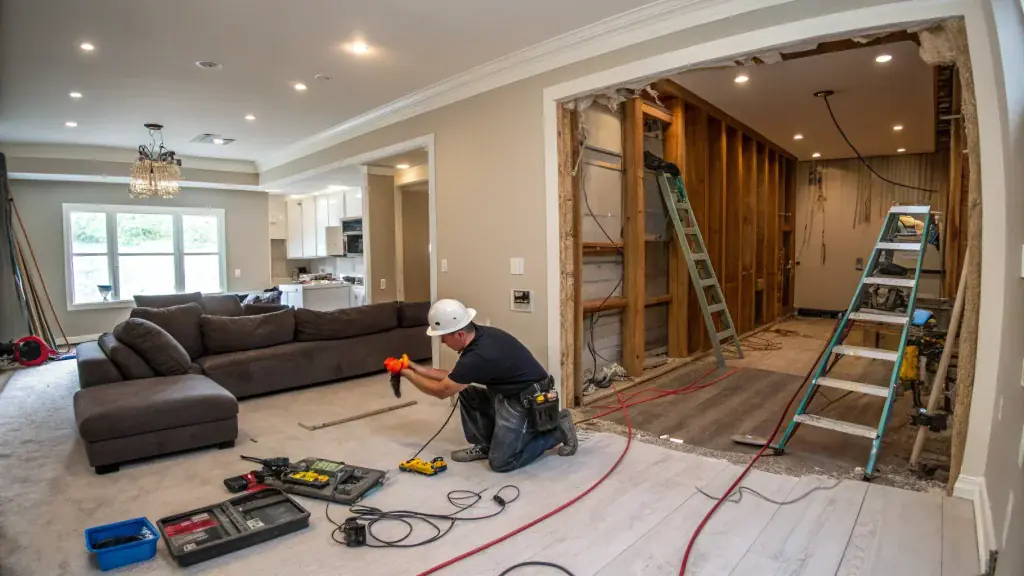 A wide view of a living room with an electrician working on electrical wiring, showcasing a professional Bellevue WA electrical rewiring project during a home renovation.