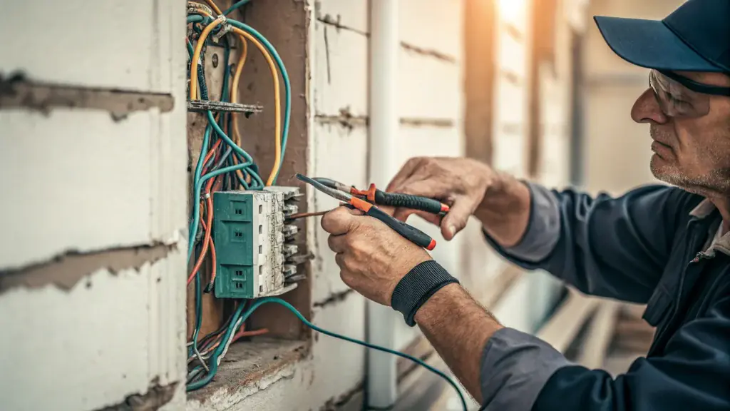 A close-up of an electrician replacing old electrical wiring in a home, demonstrating the work involved in Bellevue WA electrical rewiring.