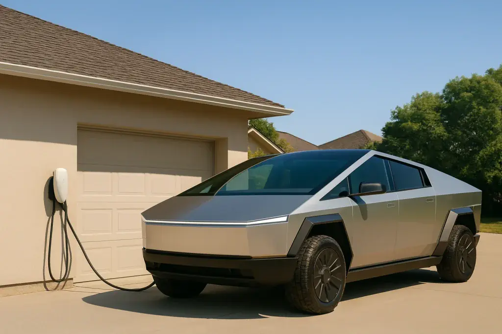 A Tesla Cybertruck plugged into a home charger, illustrating the convenience of home EV charger maintenance as part of Bellevue annual home service plans.