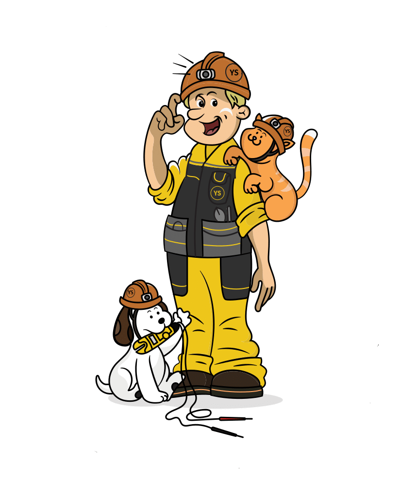 YSG Construct mascot logo with contractor, cat and dog