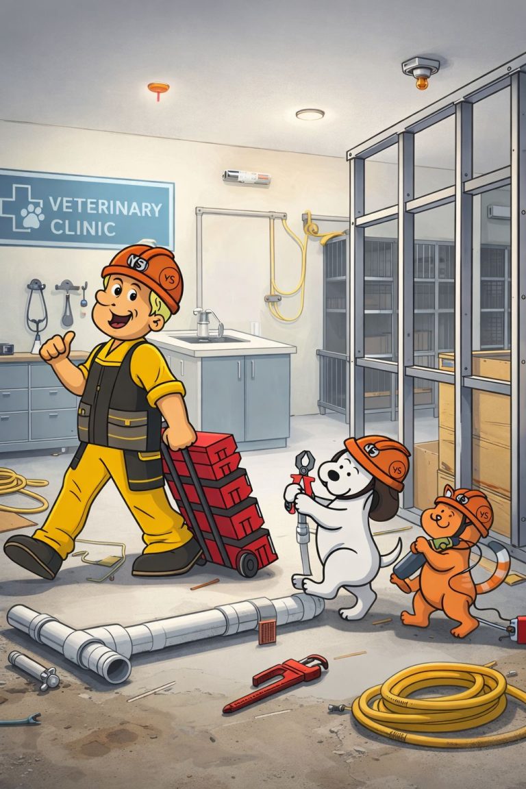Veterinary clinic remodeling project with plumbing installation and wash station construction by YSG Construct in Bellevue