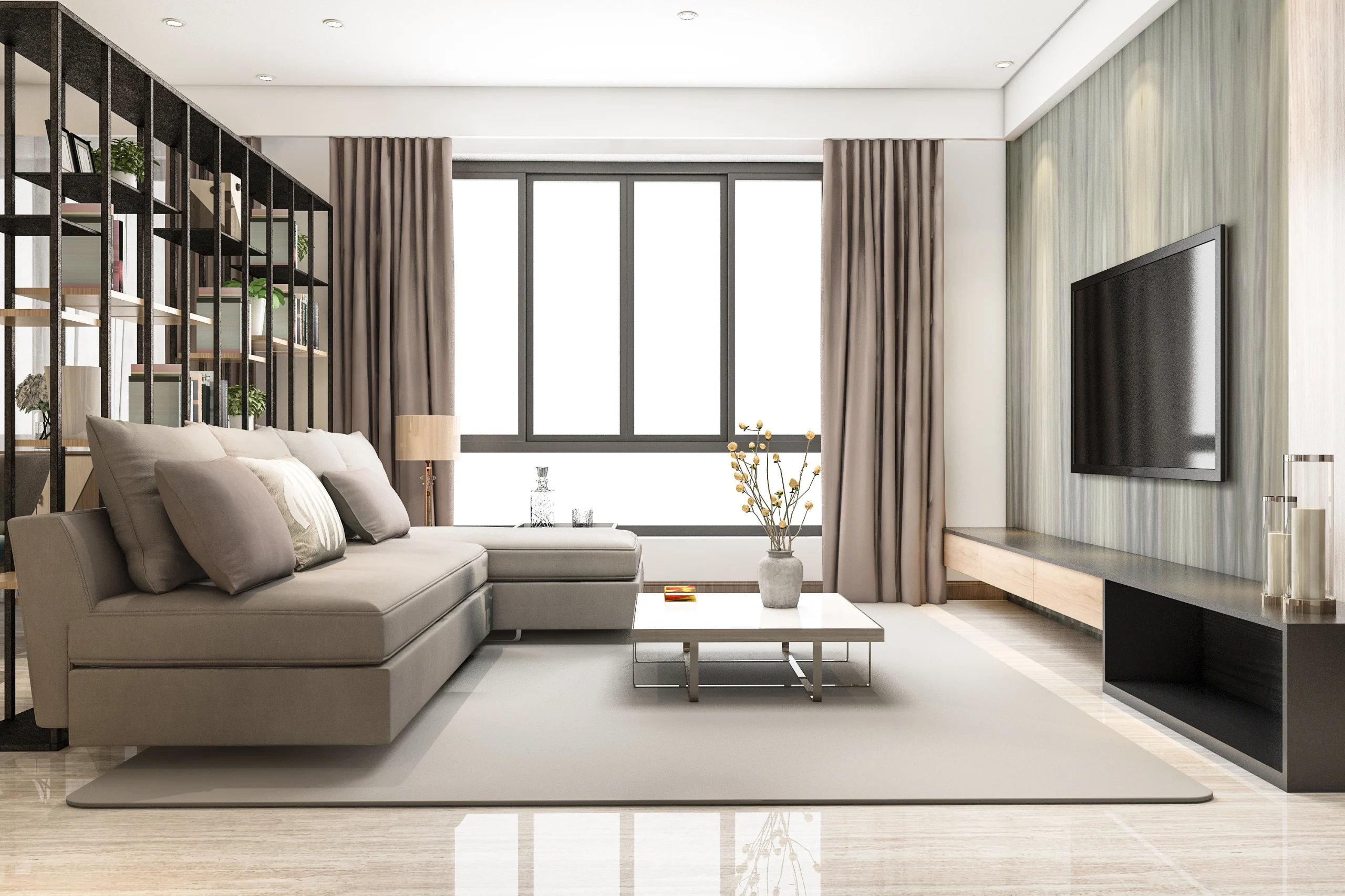 Modern living room interior with a gray sectional sofa, coffee table, wall-mounted TV, large window, and metal bookshelf.