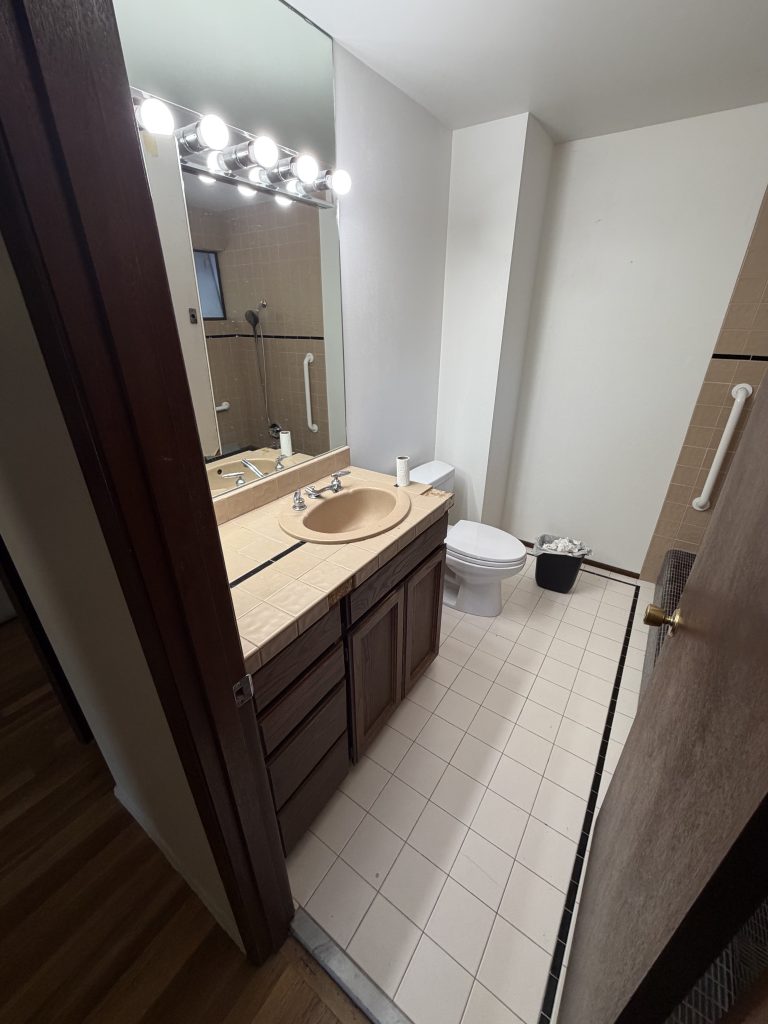 Bathroom before remodeling — dated tile vanity, old light bar and fixtures