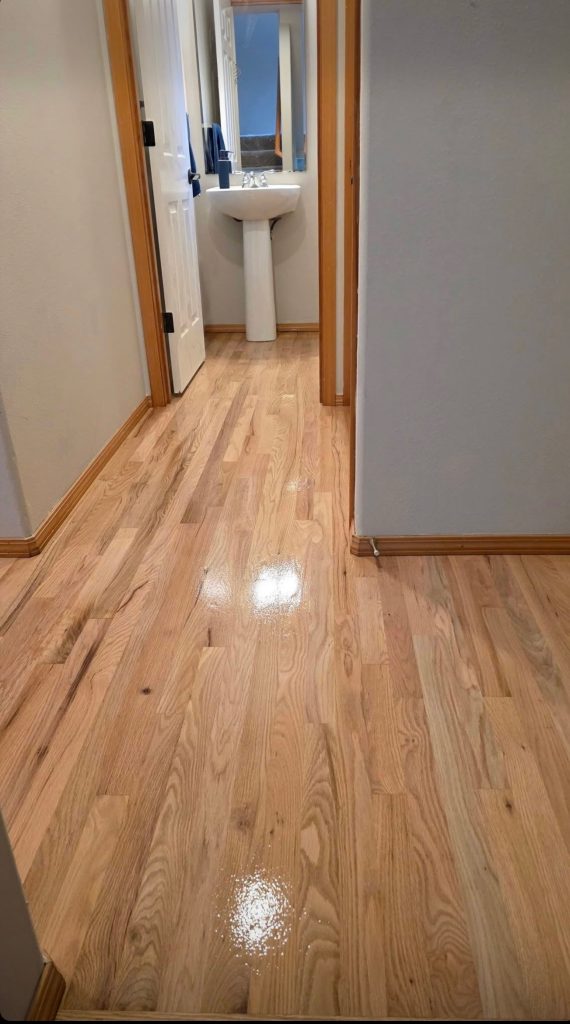 Restored and refinished hardwood floor after water damage