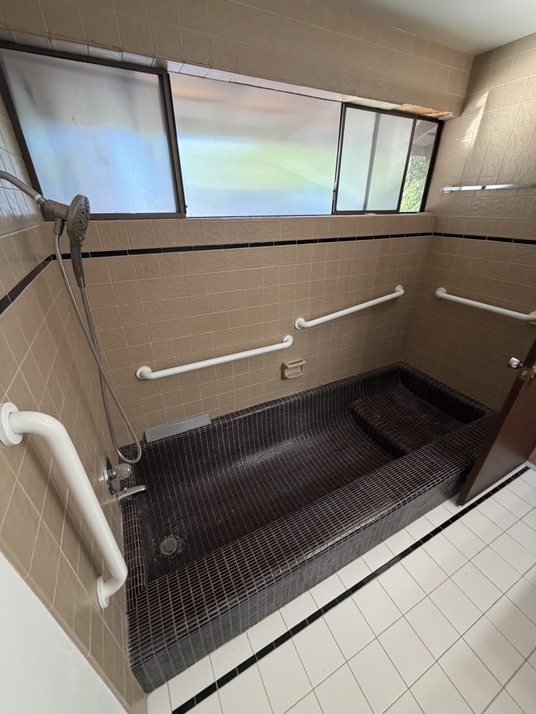Old concrete bathtub before demolition — it was built directly into the floor