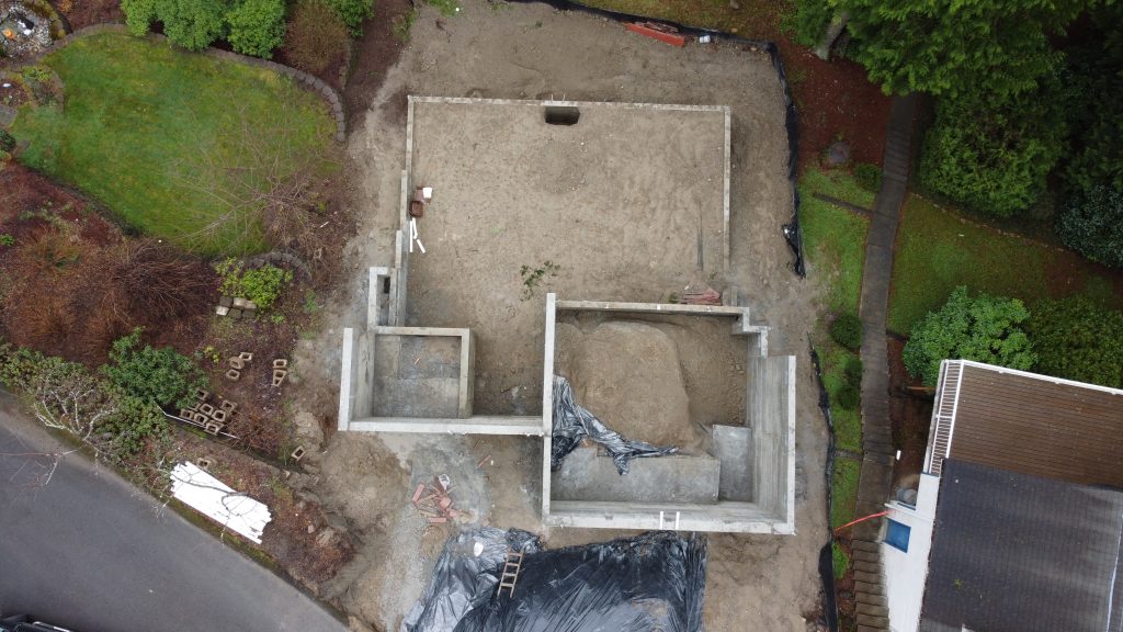 Top-down view of custom home foundation footprint — YSG Construct new construction, Ames Lake WA