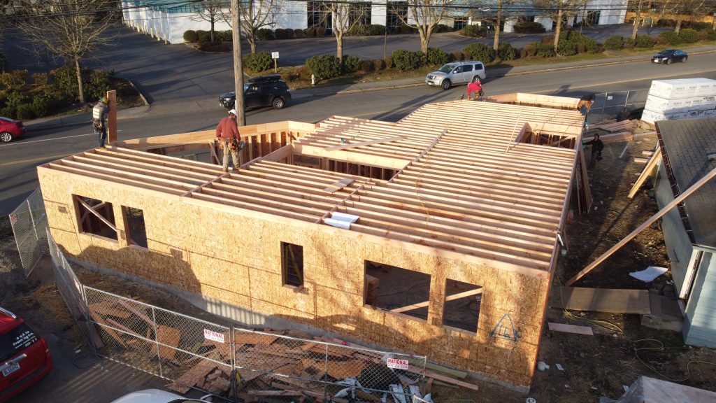 Framed exterior walls with window openings and ceiling joists on a new build — YSG Construct