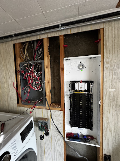 Old metal junction box with tangled wiring next to new electrical panel